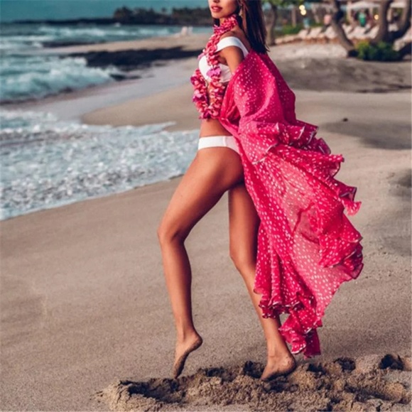 New arrivals! Ruffle Sleeves Pink Cover Up - Picture 3 of 8